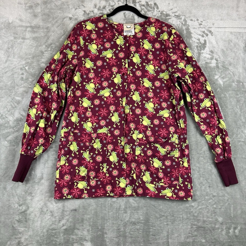 Cottonality Scrub Top Women's S Burgundy Red w/ Green Frogs Flowers Long Sleeve